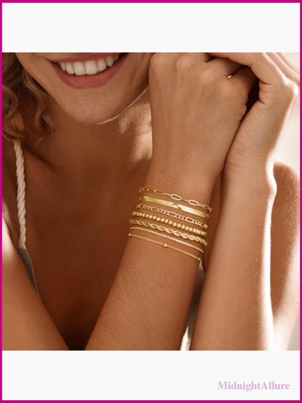 7PCS Gold Bracelet Set - Stackable Link Bracelets with Lobster Claw Clasps - Picture 6 of 7